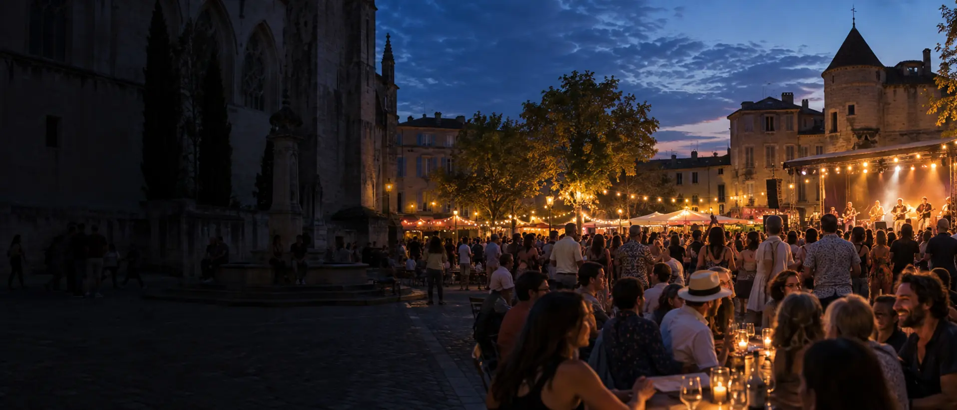 Fête populaire sur une place française à la tombée du jour