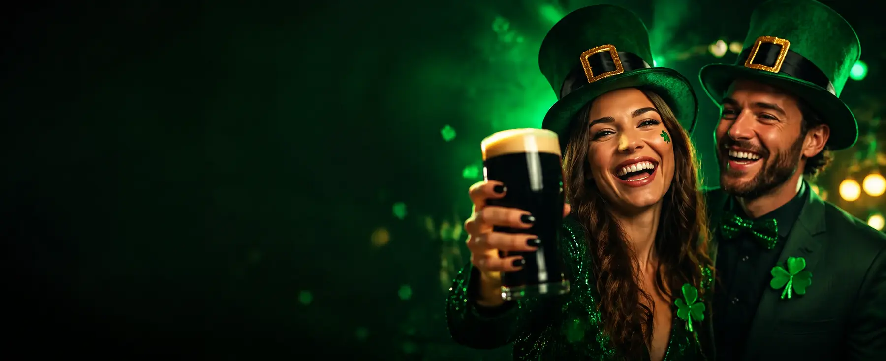 Deux amis en chapeaux verts célèbrent la Saint-Patrick avec un trèfle et une bière