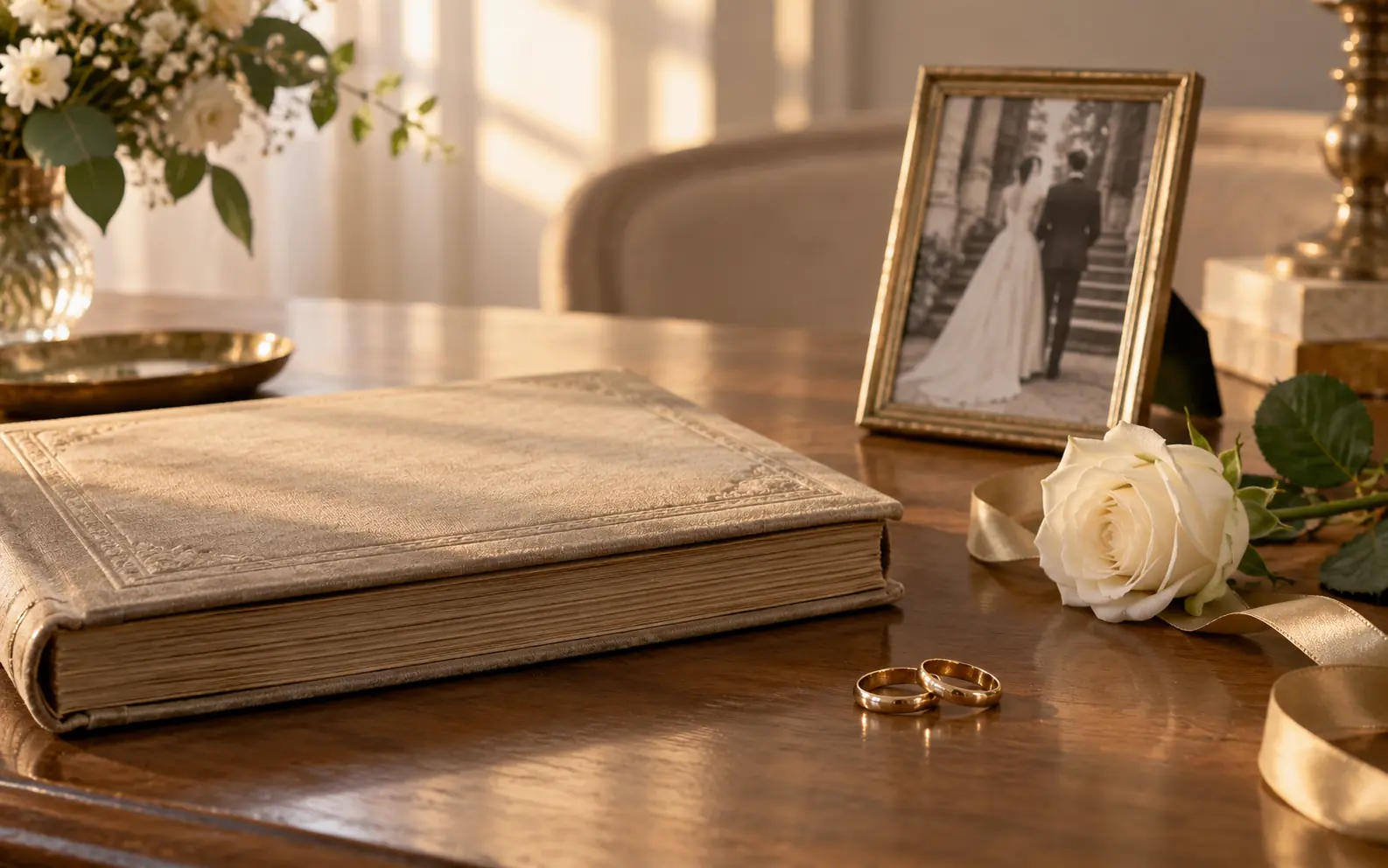 Album de mariage, photo ancienne, alliances et rose blanche