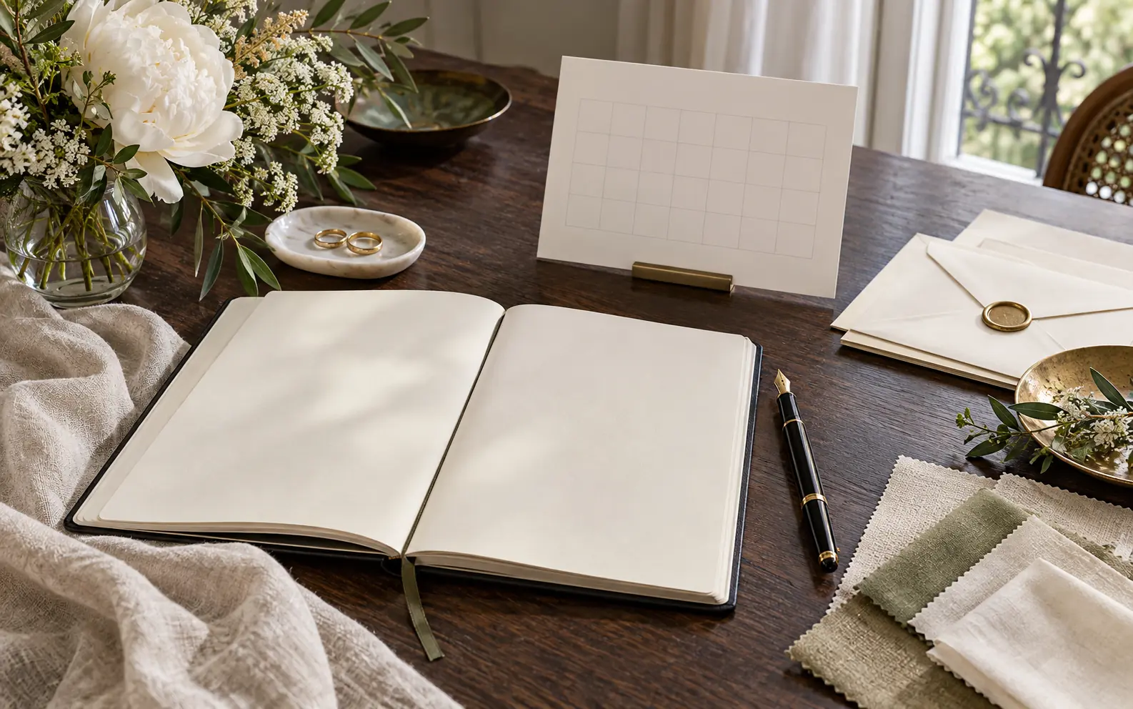 Carnet, calendrier, alliances et échantillons pour préparer un mariage