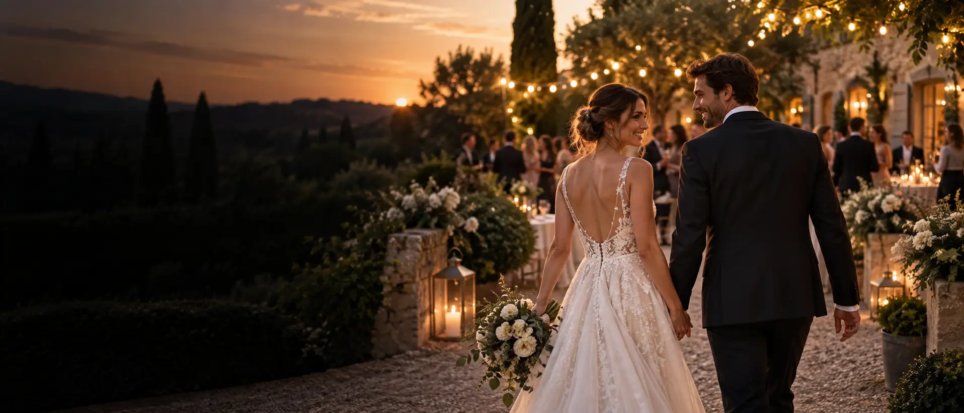 Couple rejoignant sa réception de mariage au coucher du soleil