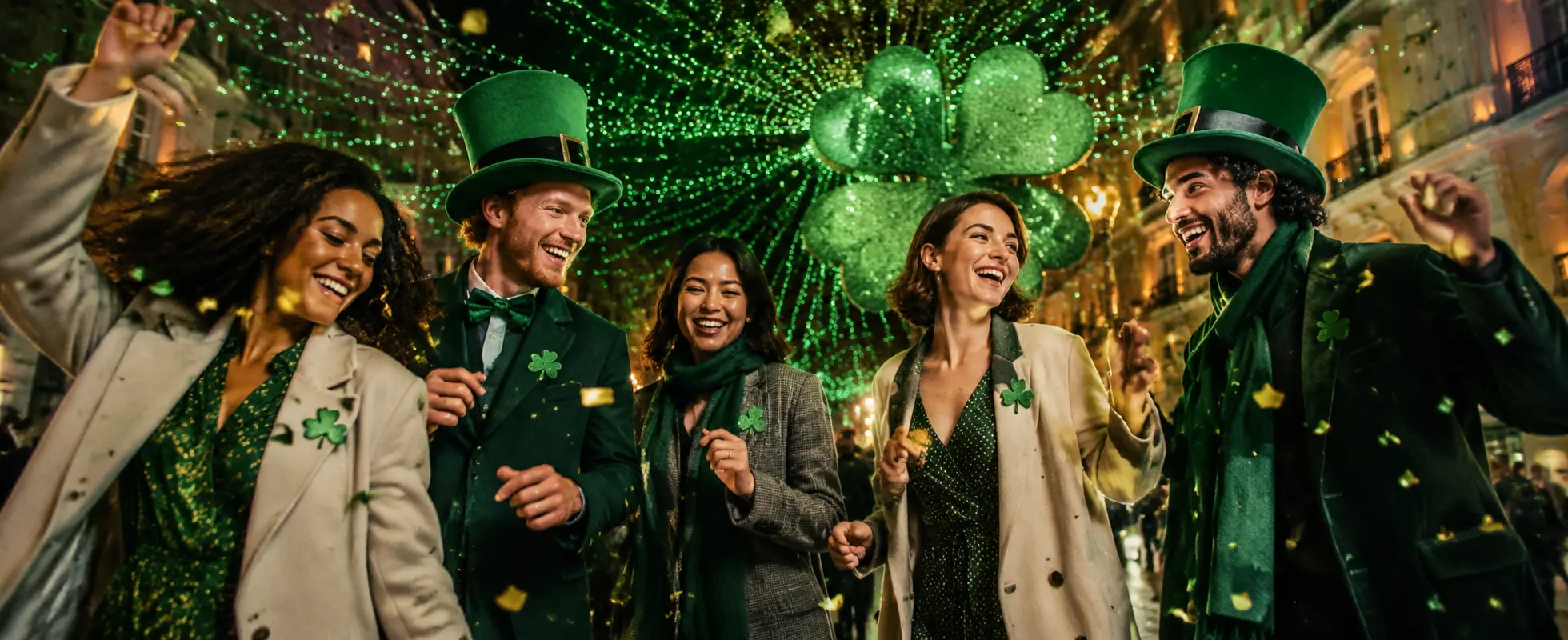 Cinq amis aux tenues vertes dansent sous des trèfles lumineux pour la Saint-Patrick
