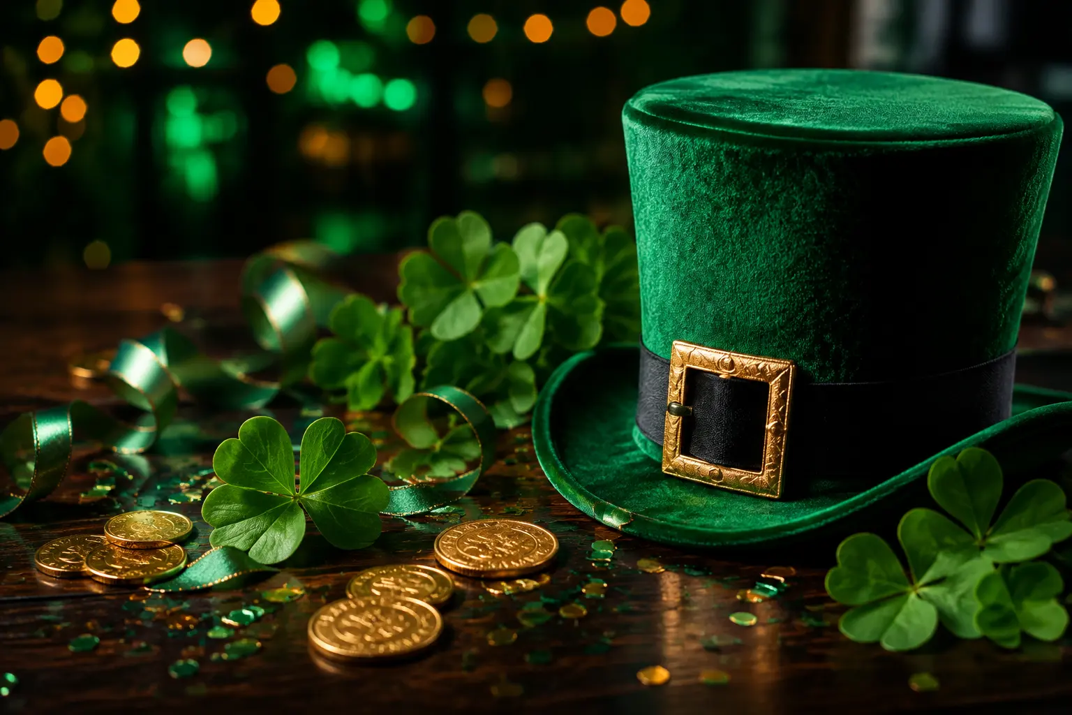 Chapeau vert, trèfles à trois feuilles et pièces dorées associés à la Saint-Patrick