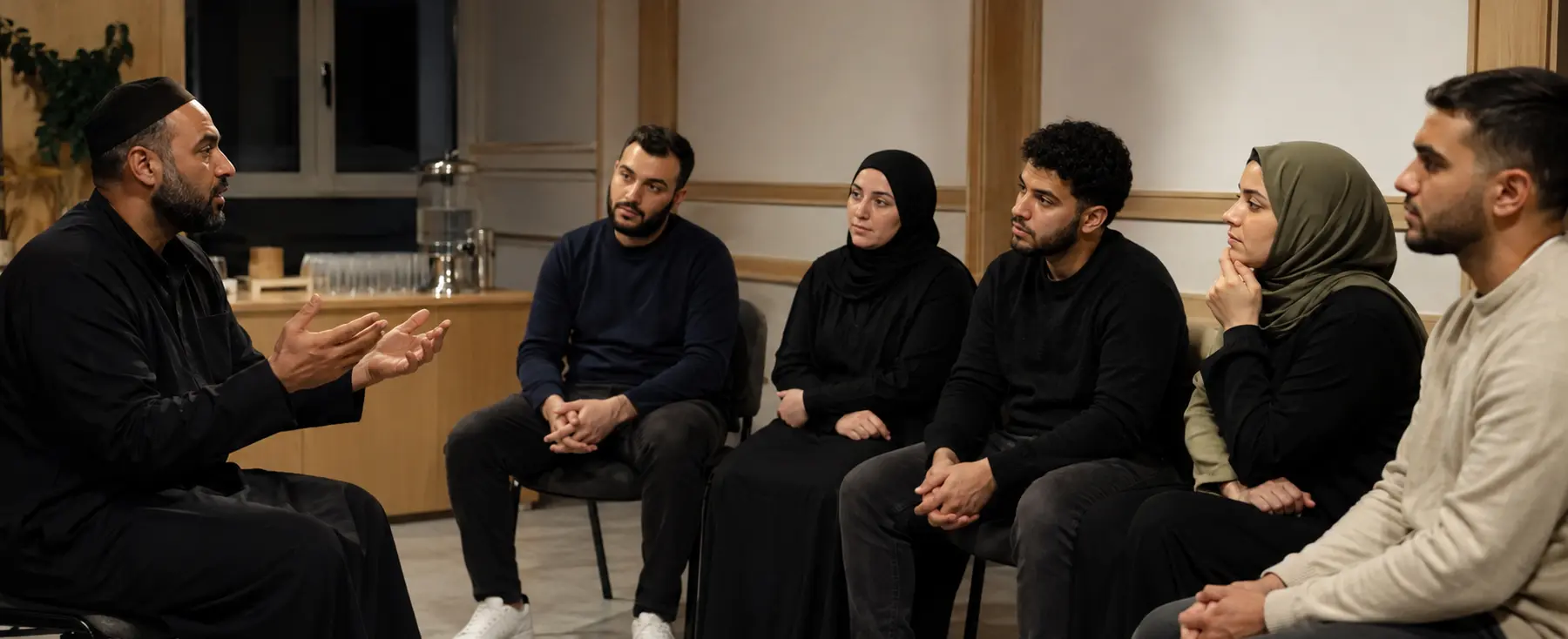 Six adultes assistant à une rencontre sobre consacrée à Achoura