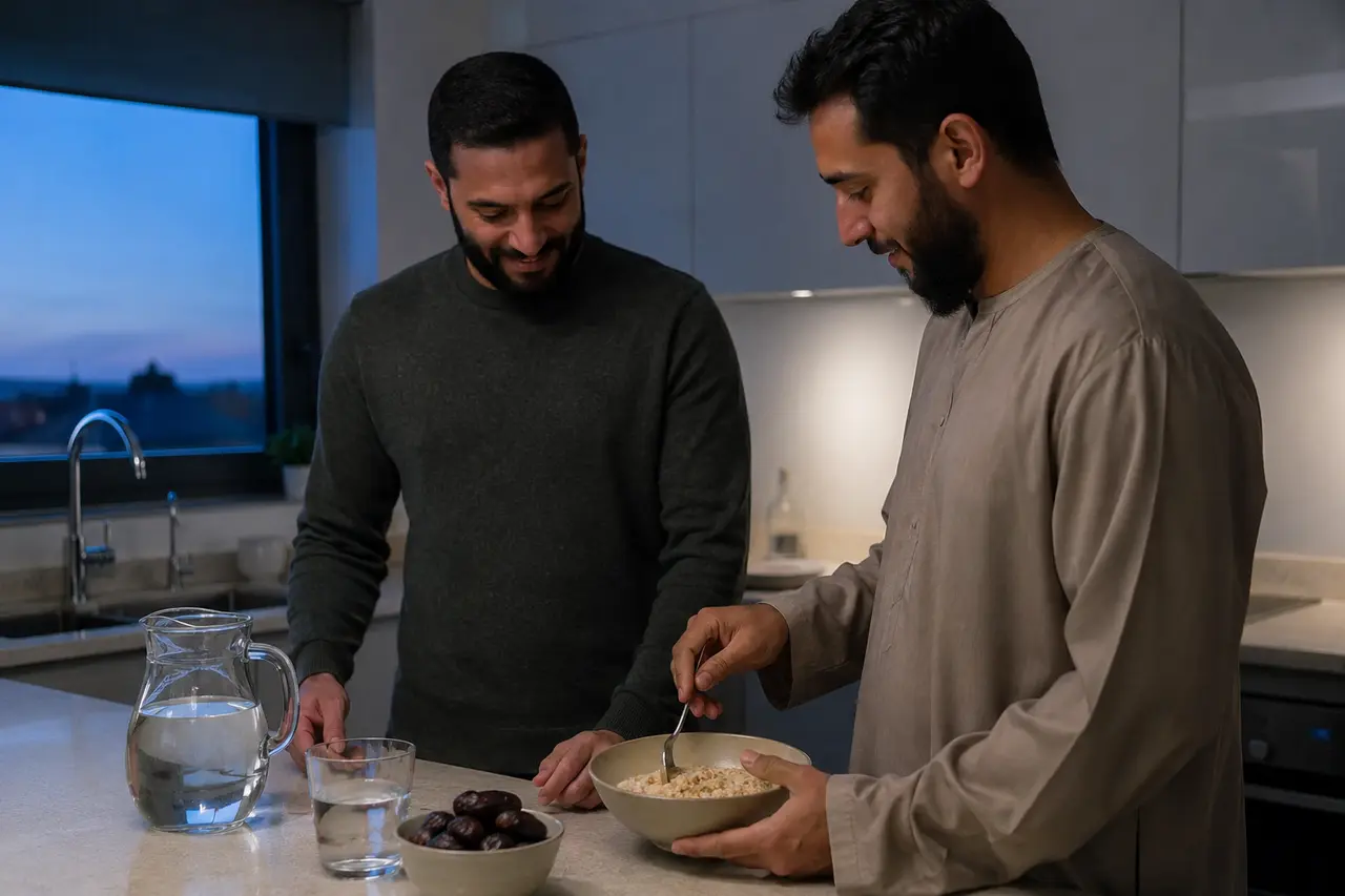 Deux adultes préparant un repas simple avant l’aube pour Achoura