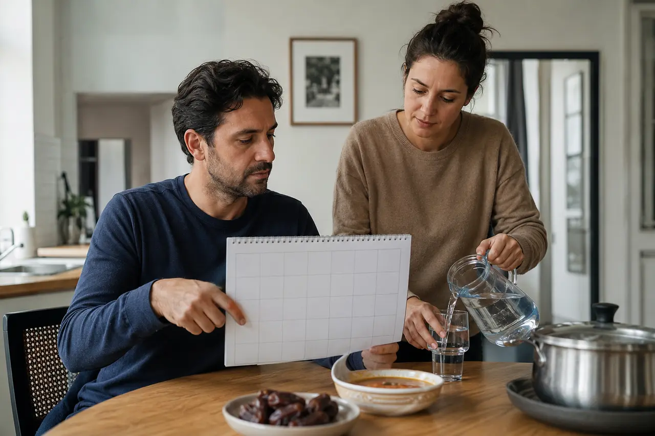 Deux adultes vérifiant un calendrier local et préparant un repas sobre pour Achoura