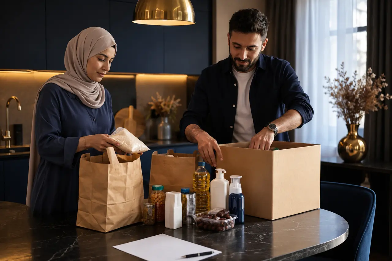 Couple préparant un colis alimentaire et des produits d’hygiène