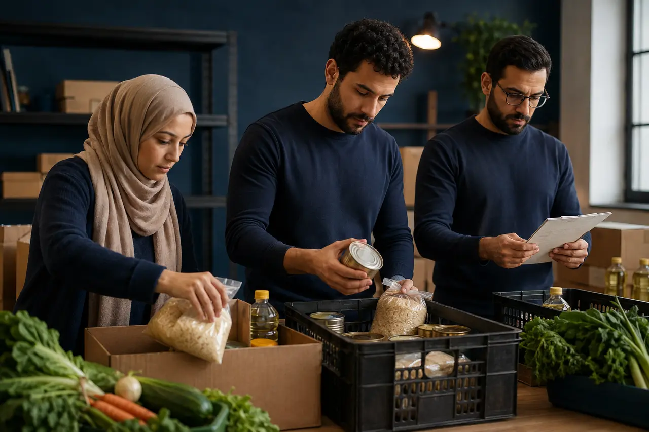 Trois bénévoles préparant des colis alimentaires dans une association
