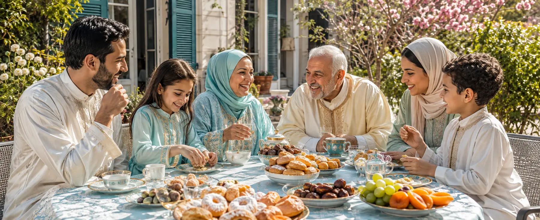 Six membres d’une famille réunis dans un jardin pour l’Aïd el-Fitr