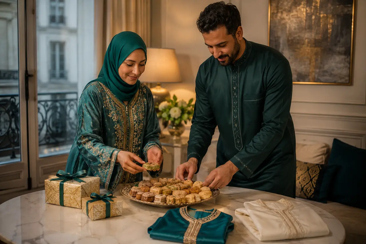 Couple préparant pâtisseries, tenues et cadeaux avant l’Aïd