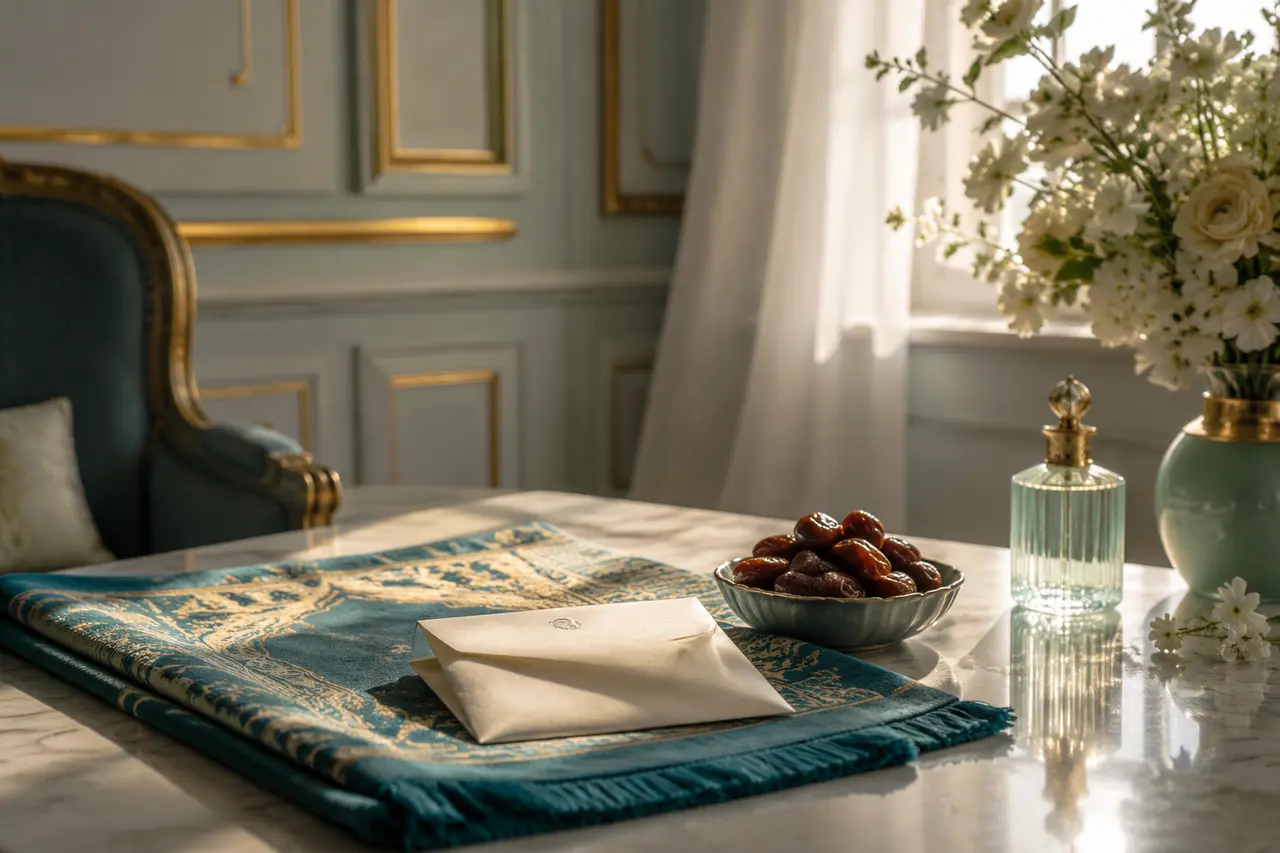 Tapis de prière, dattes, fleurs et enveloppe symbolisant l’Aïd el-Fitr