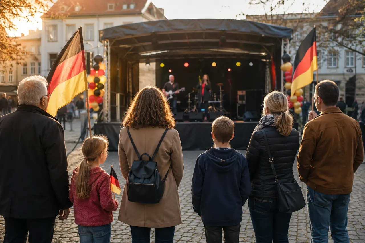 Six personnes écoutant un concert lors de la Journée de l’Unité allemande