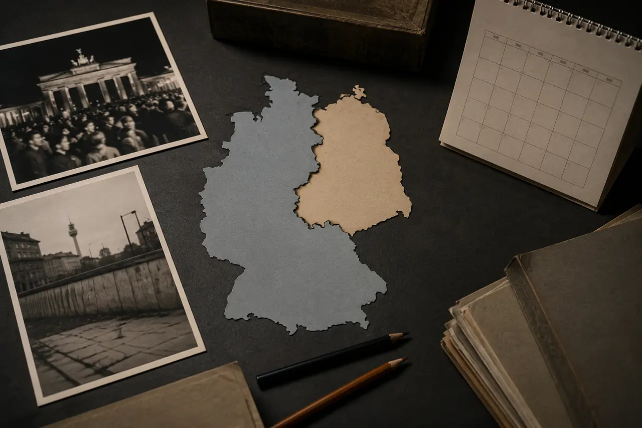 Carte divisée et photographies d’archives évoquant la réunification allemande