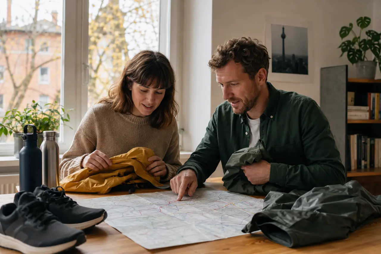 Deux adultes préparant trajet et vêtements de pluie pour le 3 octobre