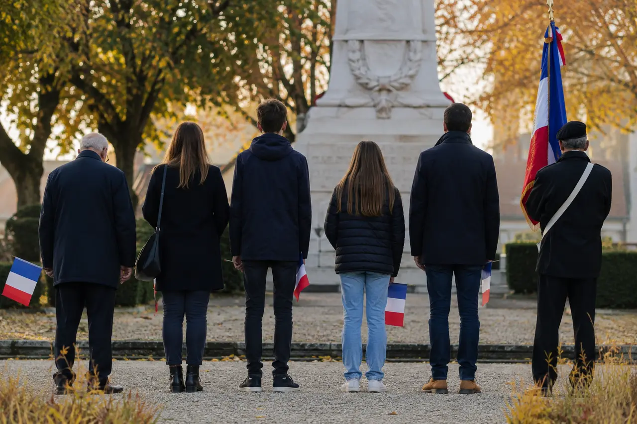 Adultes, adolescents et porte-drapeau devant un monument aux morts