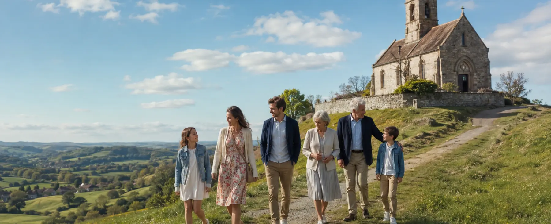 Famille quittant une petite église de campagne le jour de l’Ascension