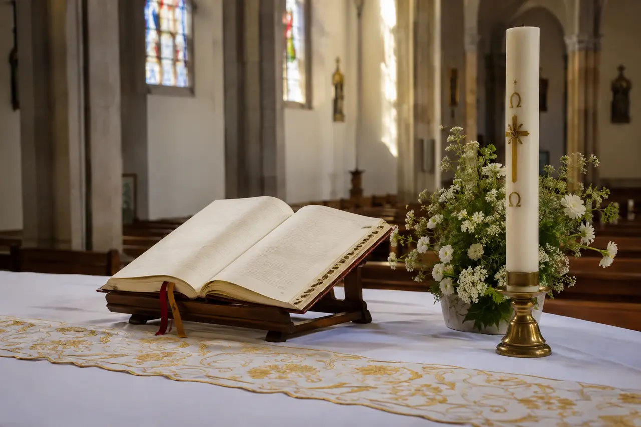 Lectionnaire, cierge pascal et fleurs préparés pour une messe de l’Ascension
