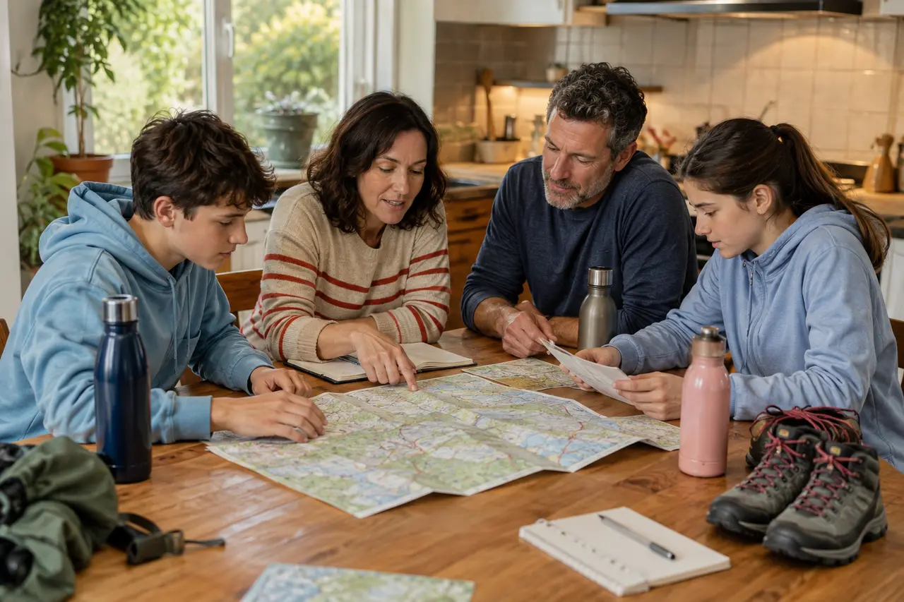 Famille préparant une carte et des équipements pour le week-end de l’Ascension