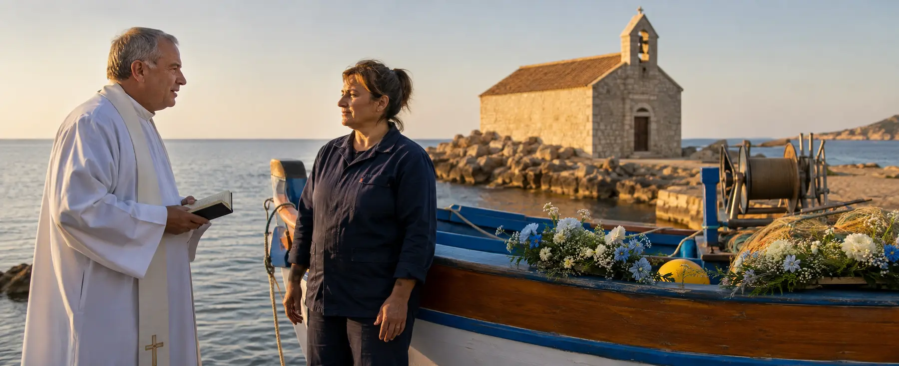 Bénédiction d’un bateau fleuri dans un petit port français pour le 15 août