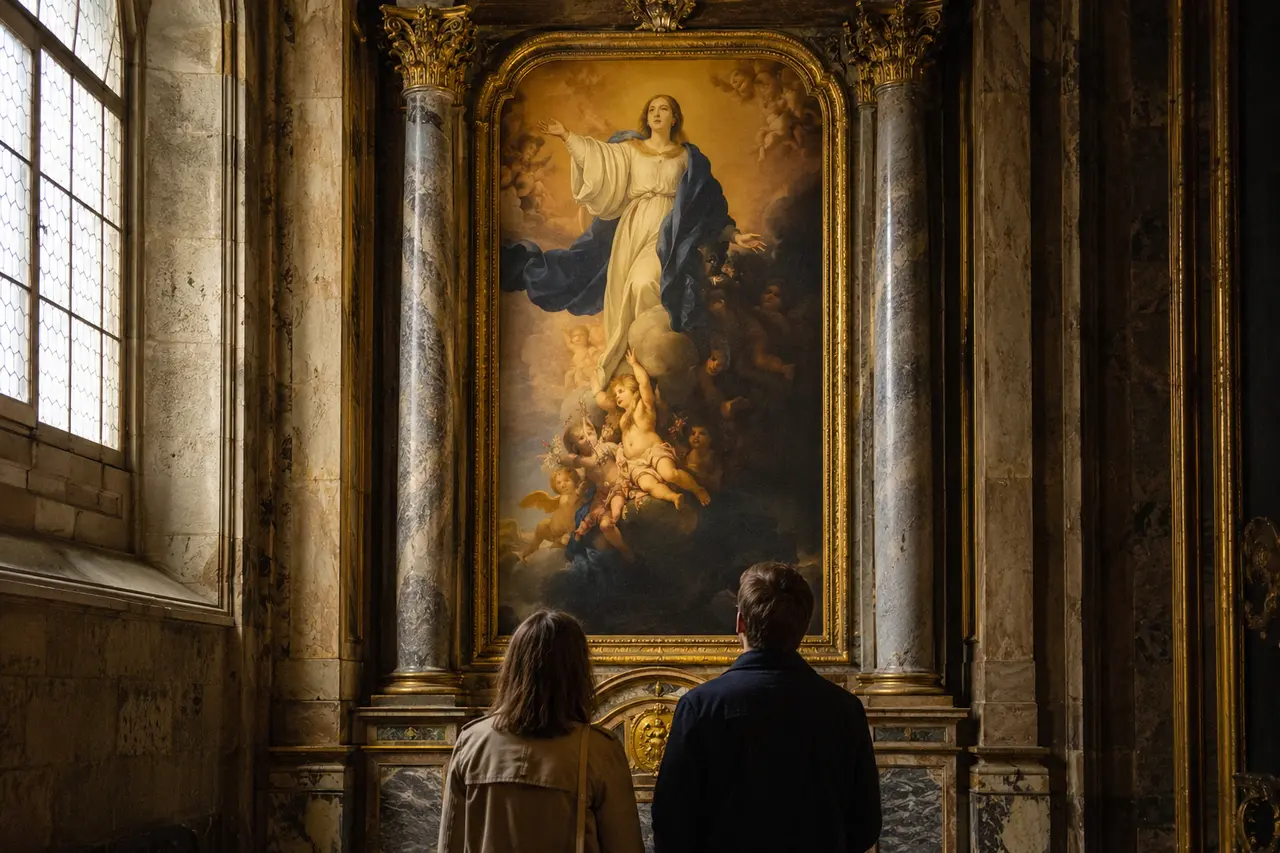 Deux visiteurs regardant un retable ancien représentant l’Assomption