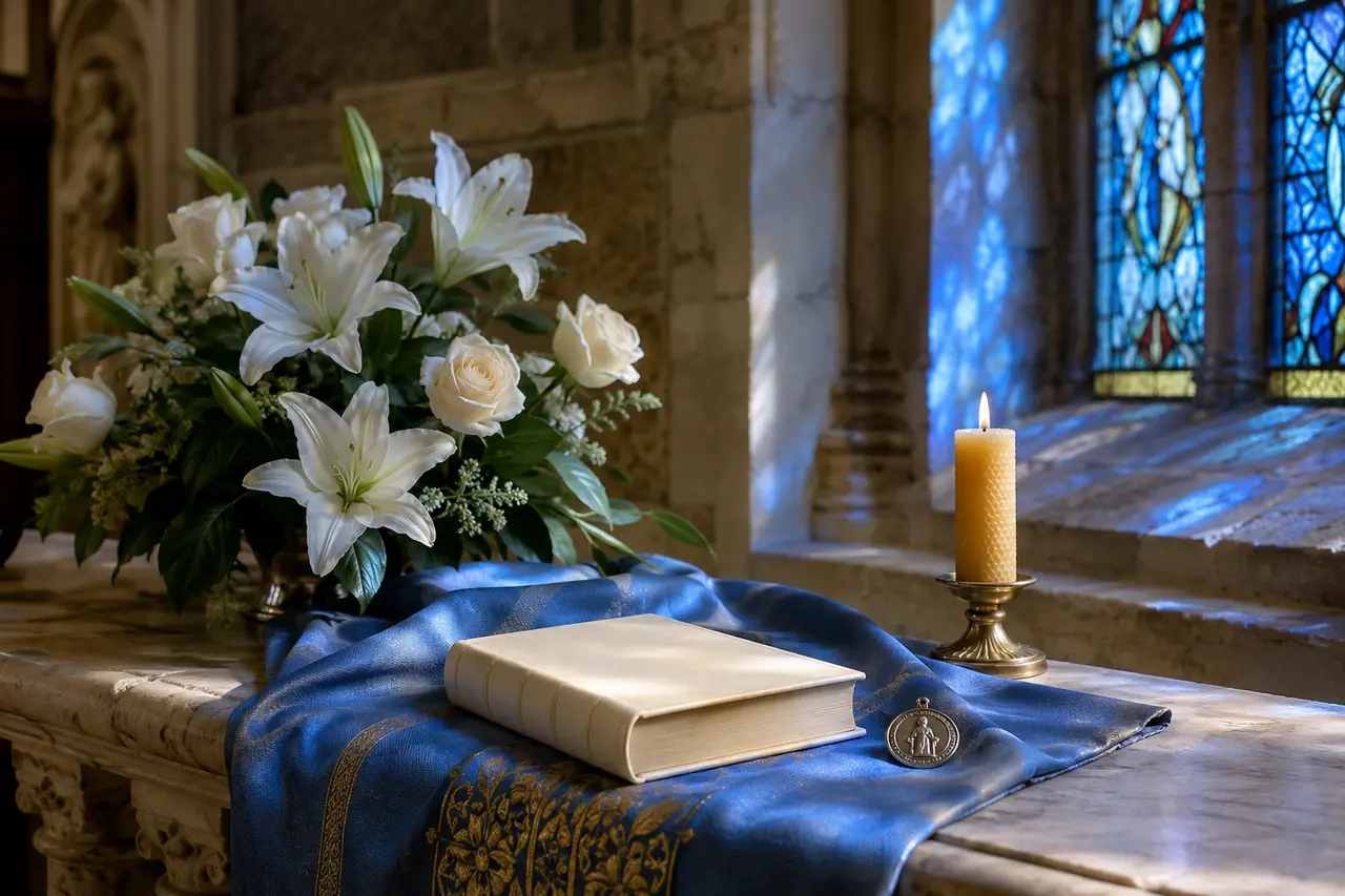 Lys blancs, tissu bleu, cierge et livre liturgique dans une église