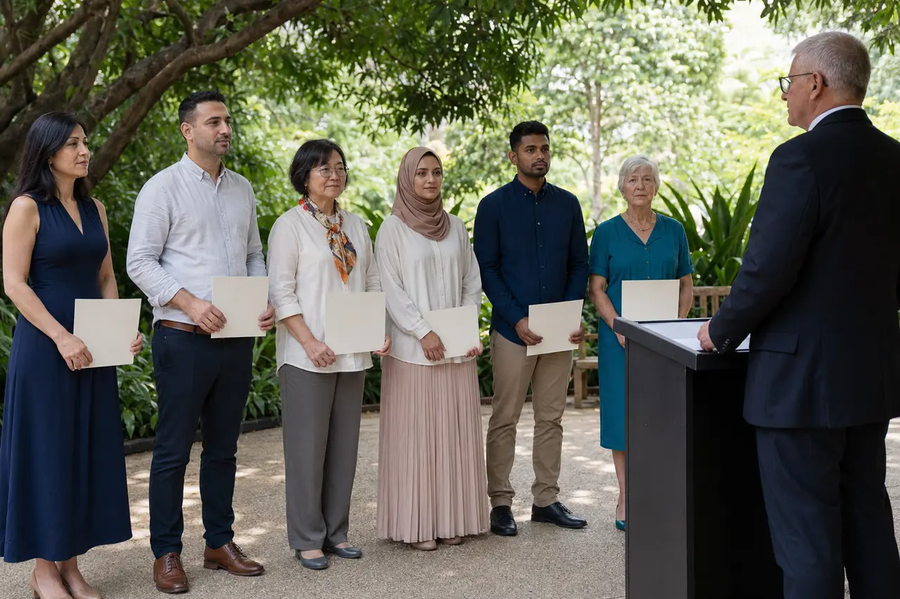 Six nouveaux citoyens et un officiant lors d’une cérémonie australienne en plein air