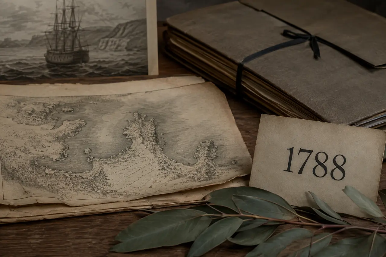 Carte de Sydney Cove, date 1788 et gravure de navire dans une scène d’archives