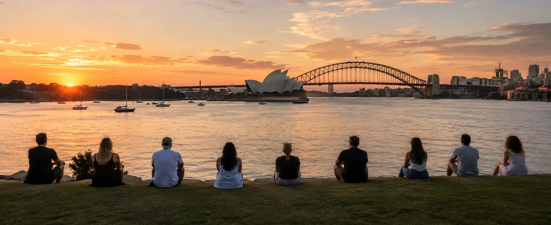 Neuf personnes regardant Sydney Harbour au coucher du soleil