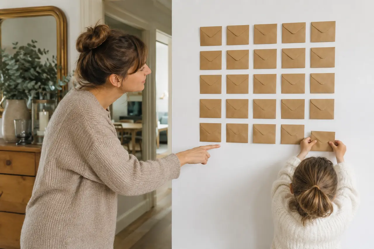 Adulte et enfant terminant un calendrier de l’Avent composé de vingt-quatre enveloppes