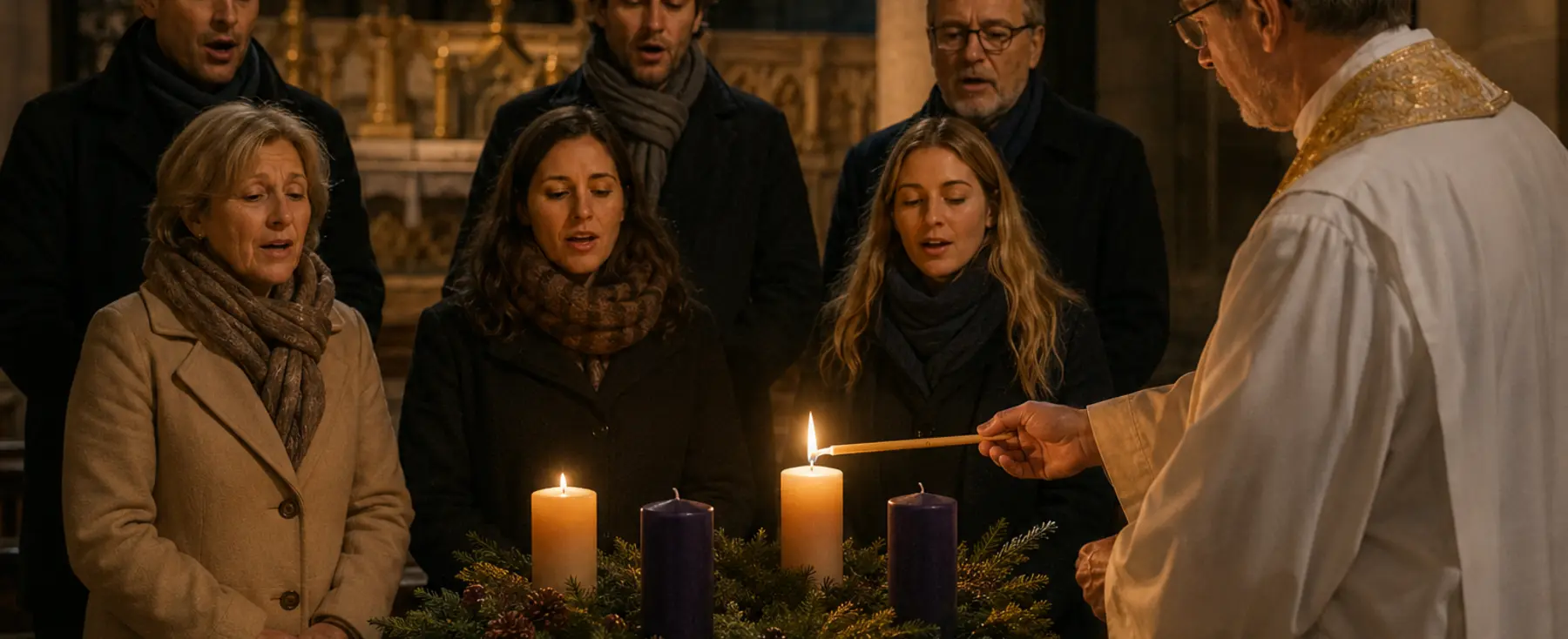 Assemblée chantant pendant un office de l’Avent autour d’une couronne