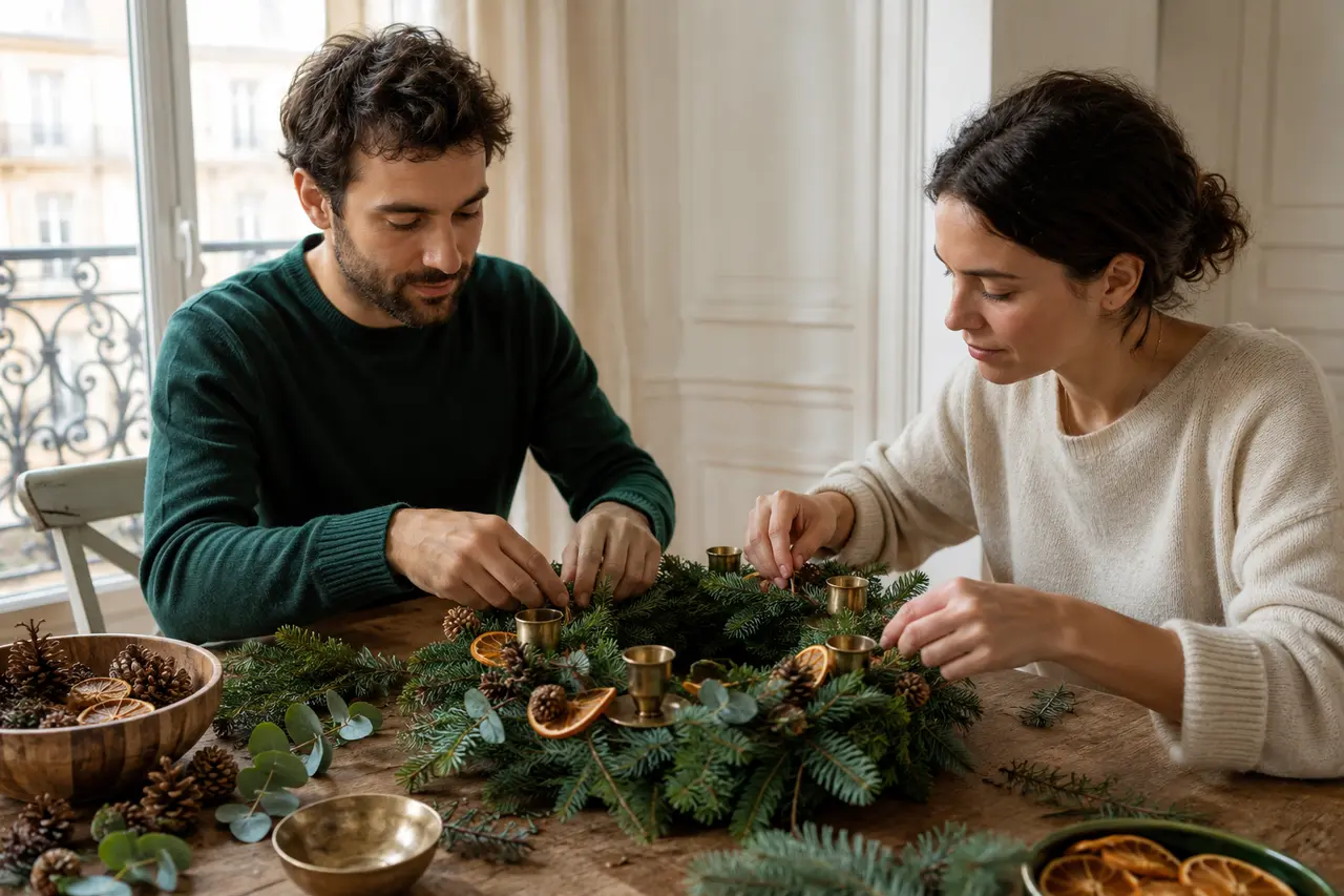 Deux adultes fabriquant une couronne de l’Avent avec quatre emplacements de cierges