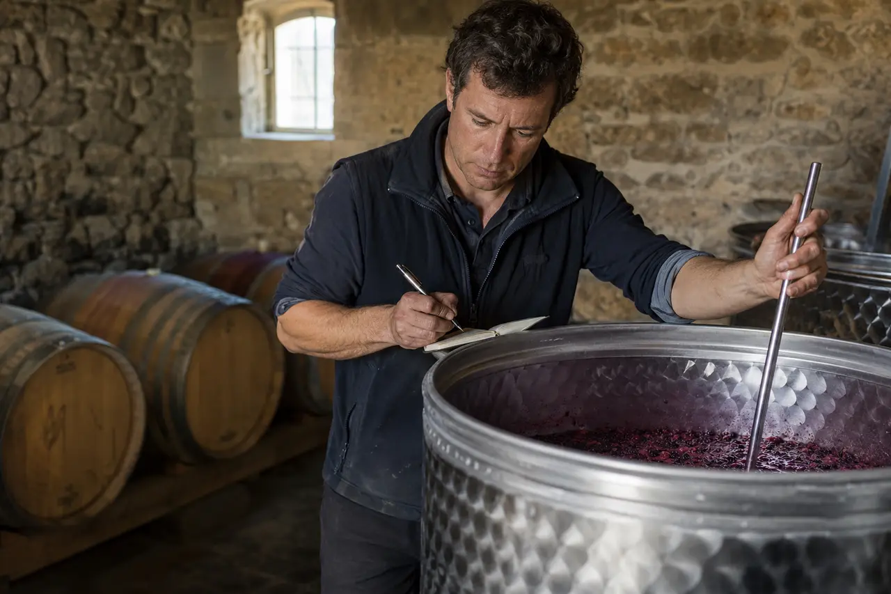 Vigneron contrôlant une cuve pendant la vinification du Beaujolais Nouveau