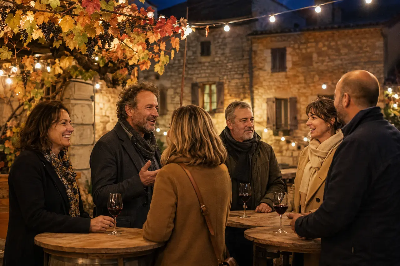 Adultes réunis dans un village du Beaujolais pour l’arrivée du vin nouveau