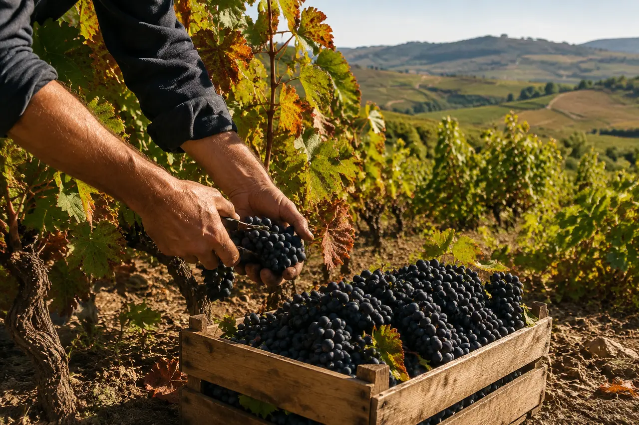 Vendange manuelle de grappes de gamay dans le Beaujolais