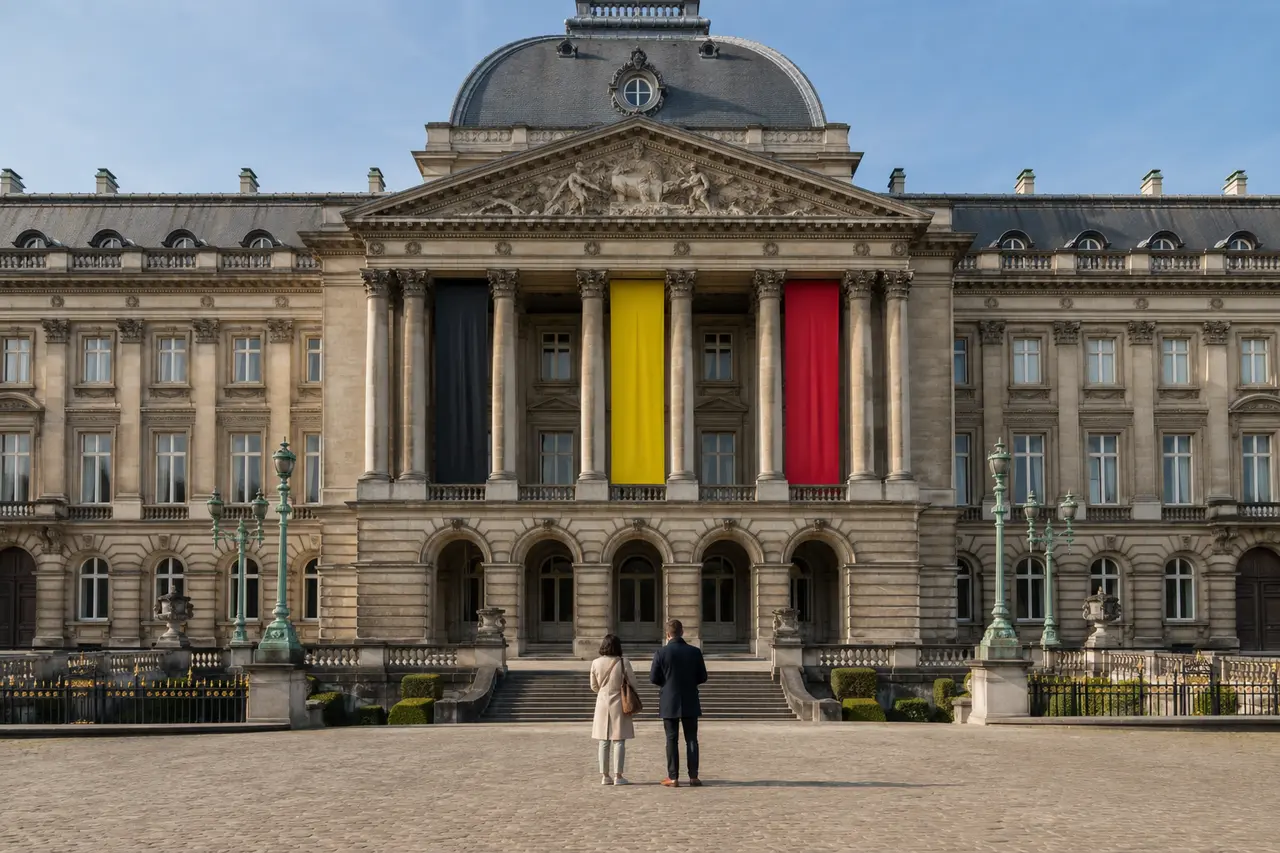 Palais belge orné de trois bannières noire, jaune et rouge