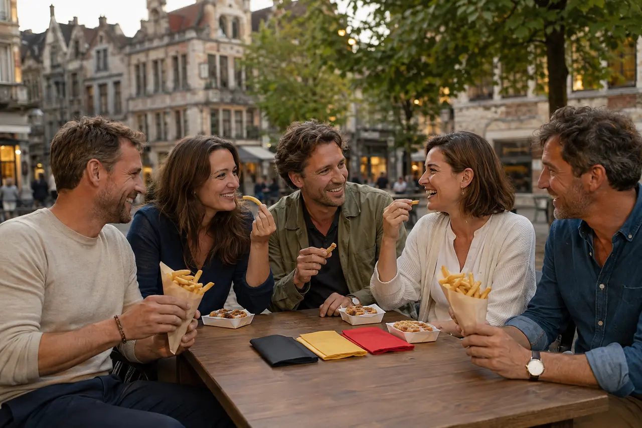 Cinq adultes partageant frites et gaufres lors de la fête nationale belge