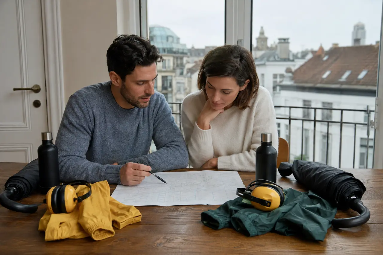 Deux adultes préparant trajet, pluie et protections auditives pour le 21 juillet