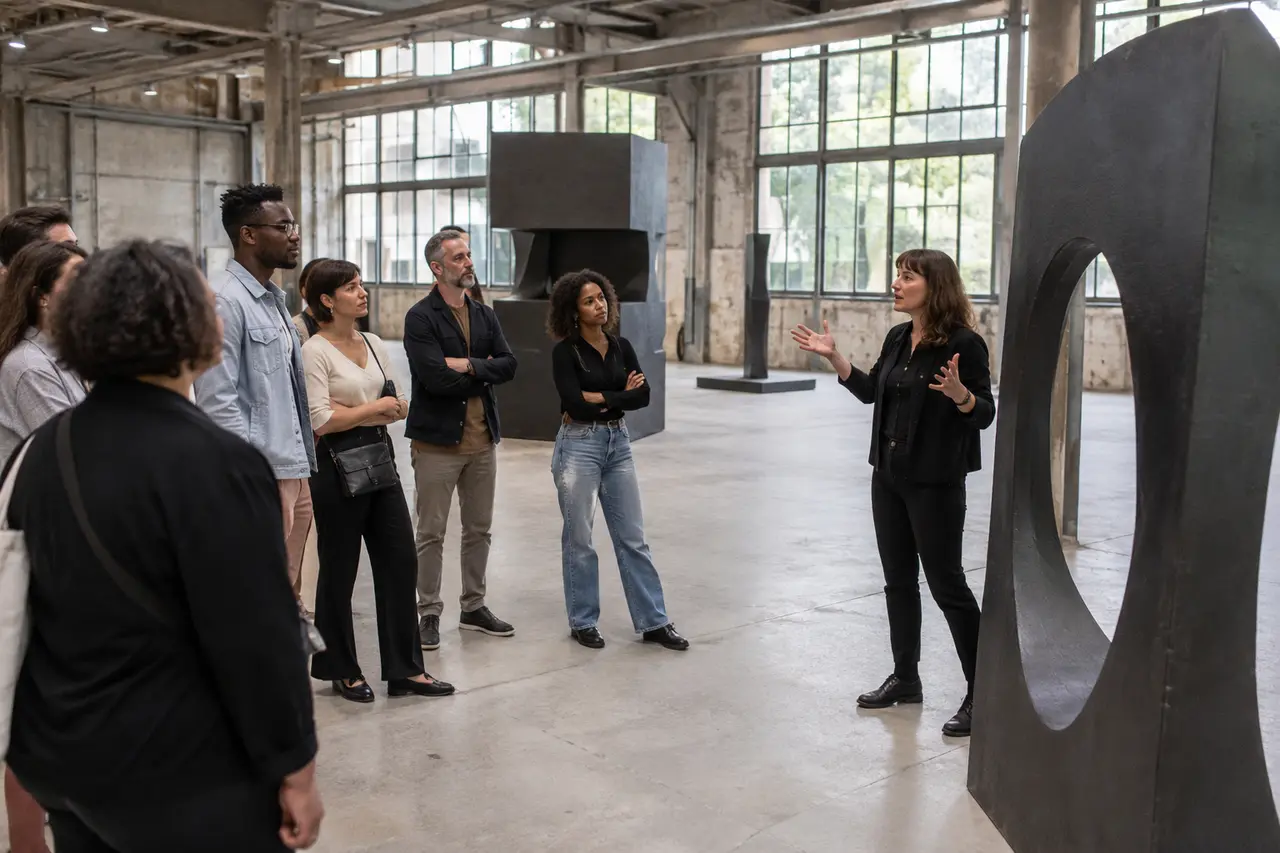 Commissaire guidant des visiteurs dans une installation contemporaine