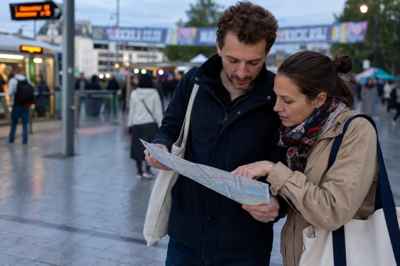 Deux visiteurs consultant un plan avant d’entrer dans la Braderie de Lille
