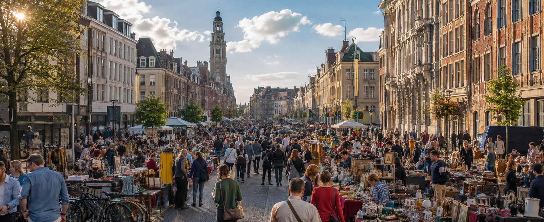Boulevard lillois rempli de brocanteurs et de visiteurs pendant la Braderie