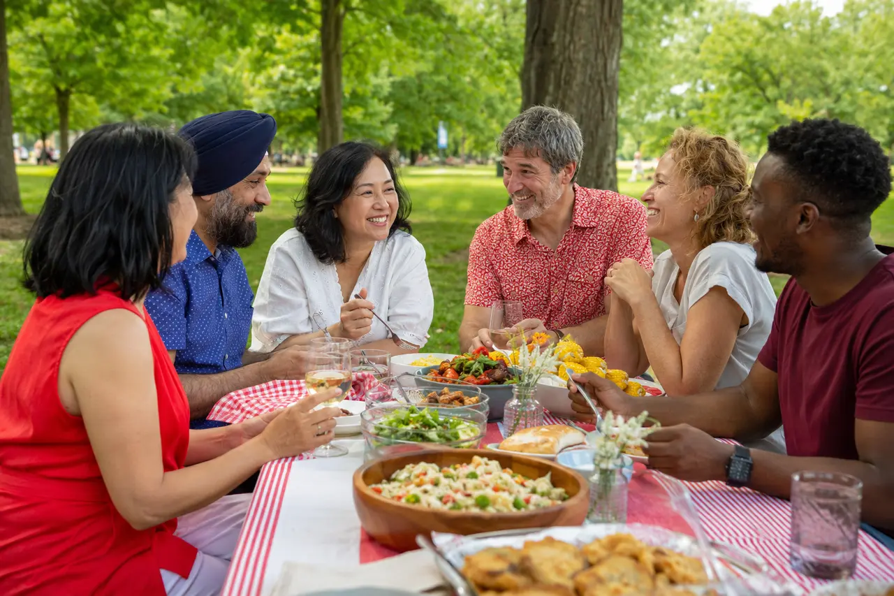 Six adultes partageant un repas multiculturel dans un parc canadien