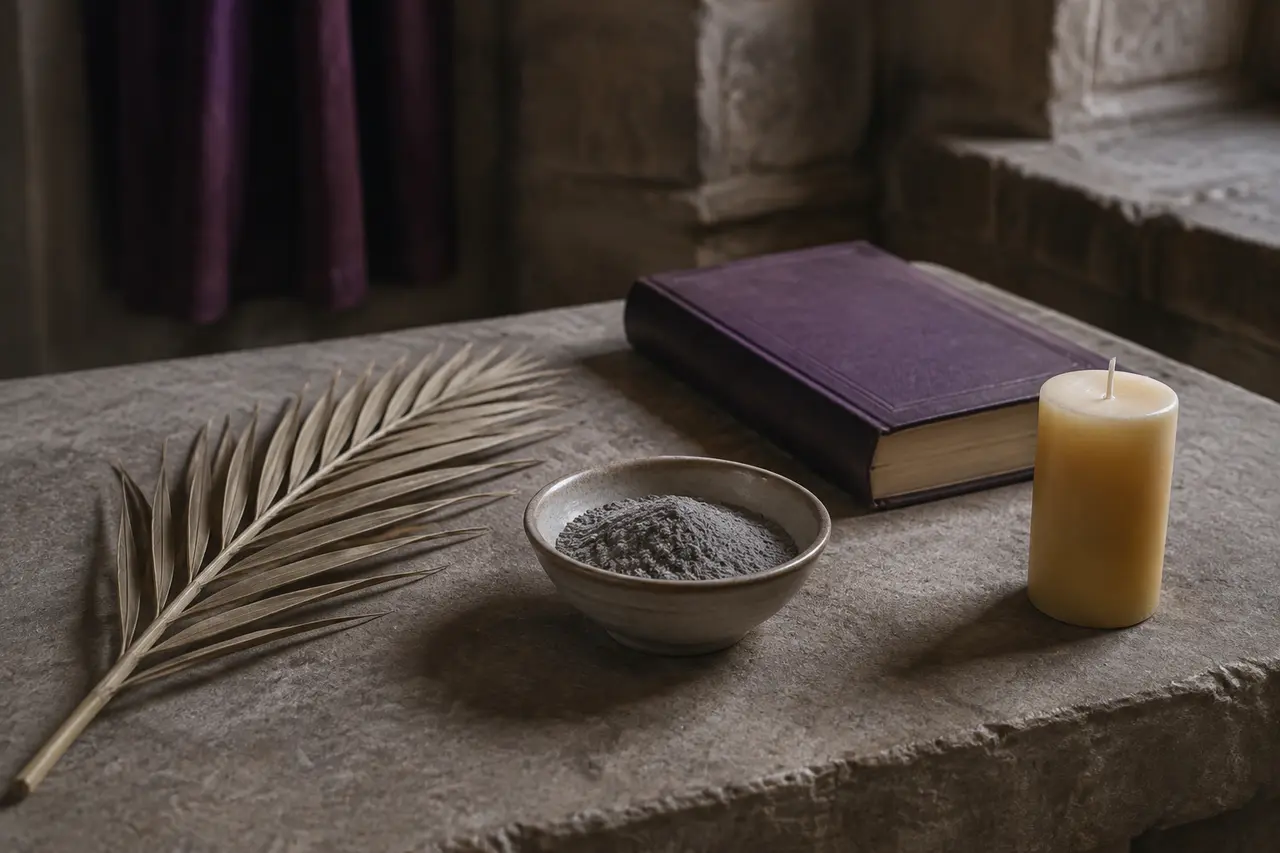 Bol de cendres, rameau et livre liturgique dans une église
