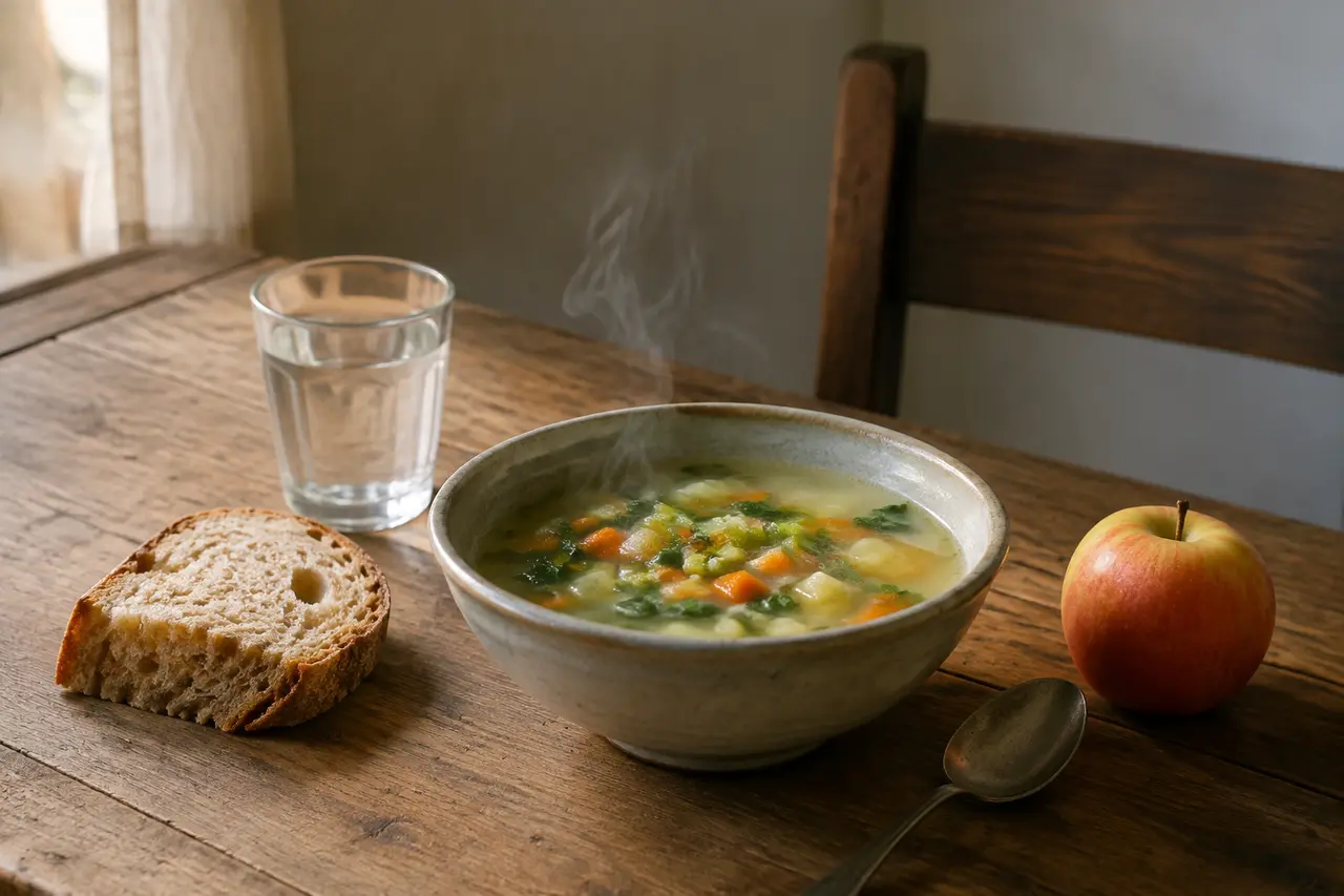 Repas simple de soupe, pain et eau pendant le Carême