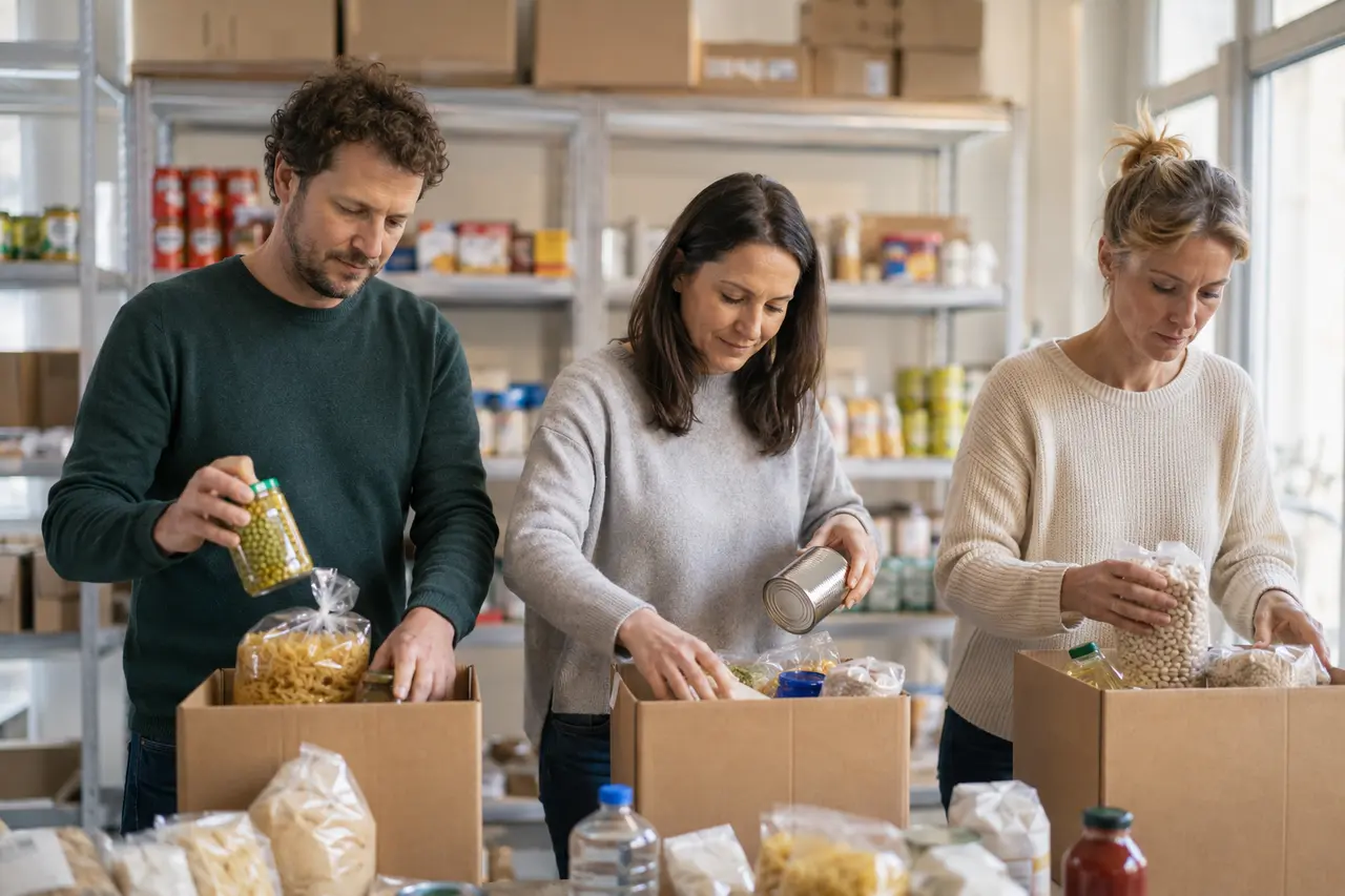 Bénévoles préparant des colis alimentaires pendant le Carême