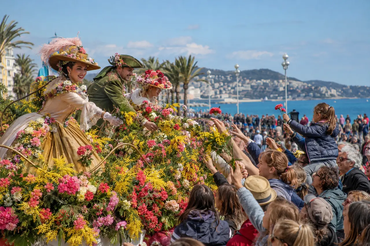 Char couvert de fleurs pendant la bataille de fleurs sur la Promenade des Anglais