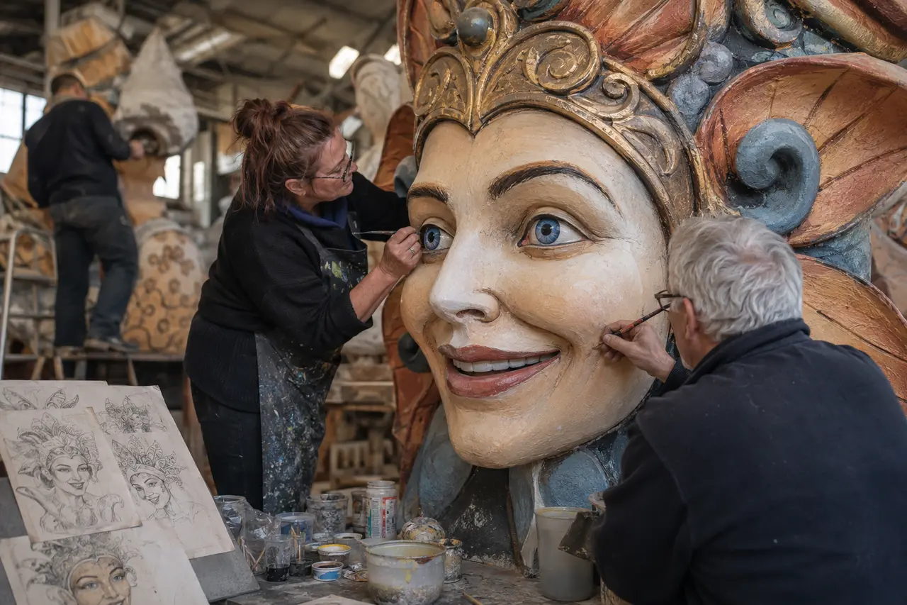 Artisans adultes peignant une grande figure dans un atelier du Carnaval de Nice