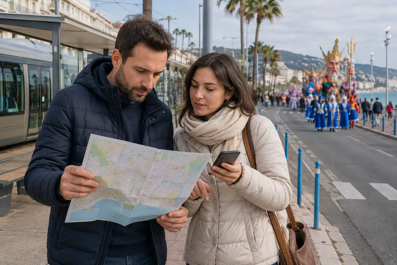Deux visiteurs consultant un plan près du tramway avant le Carnaval de Nice