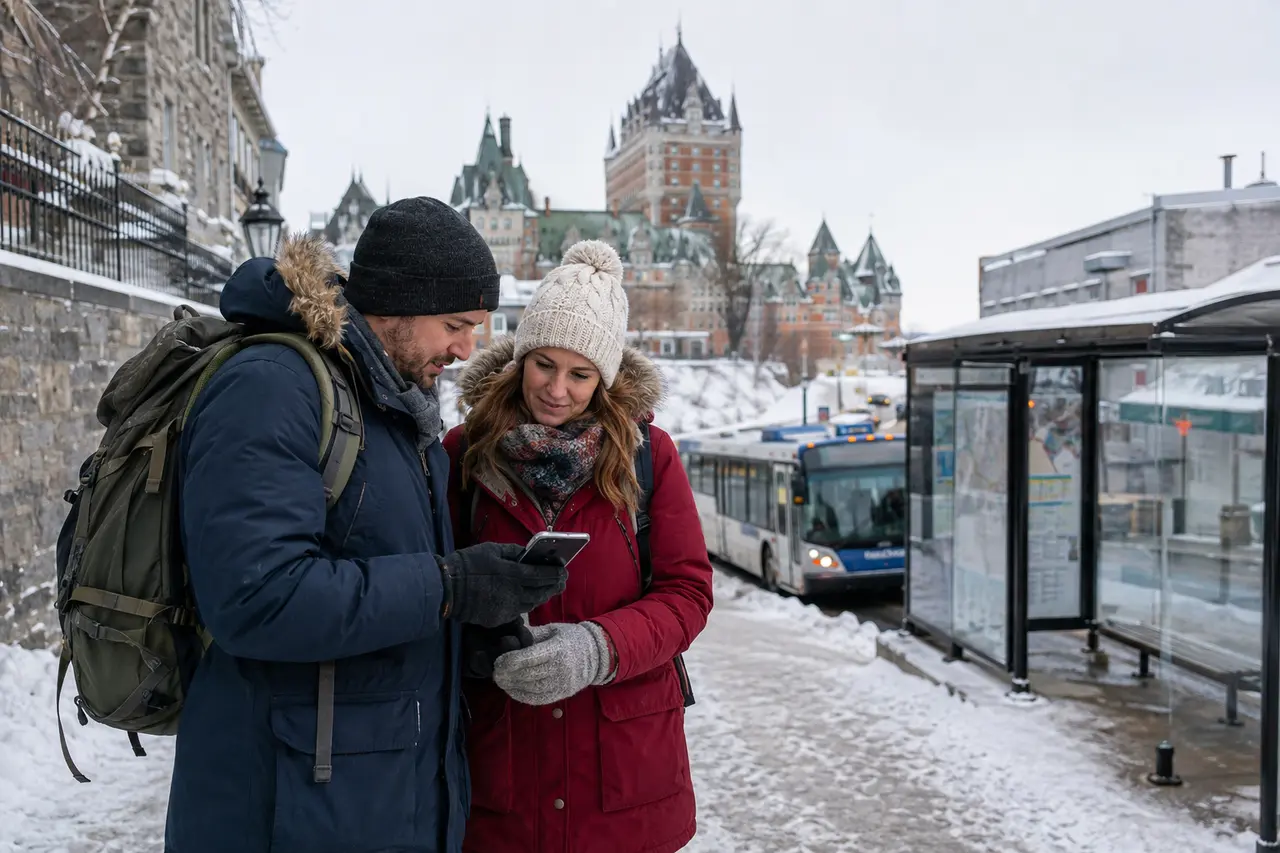 Deux visiteurs chaudement vêtus consultant un itinéraire dans Québec enneigée