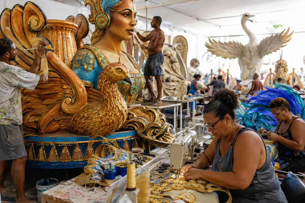 Artisans adultes préparant un char et des costumes dans un atelier de samba