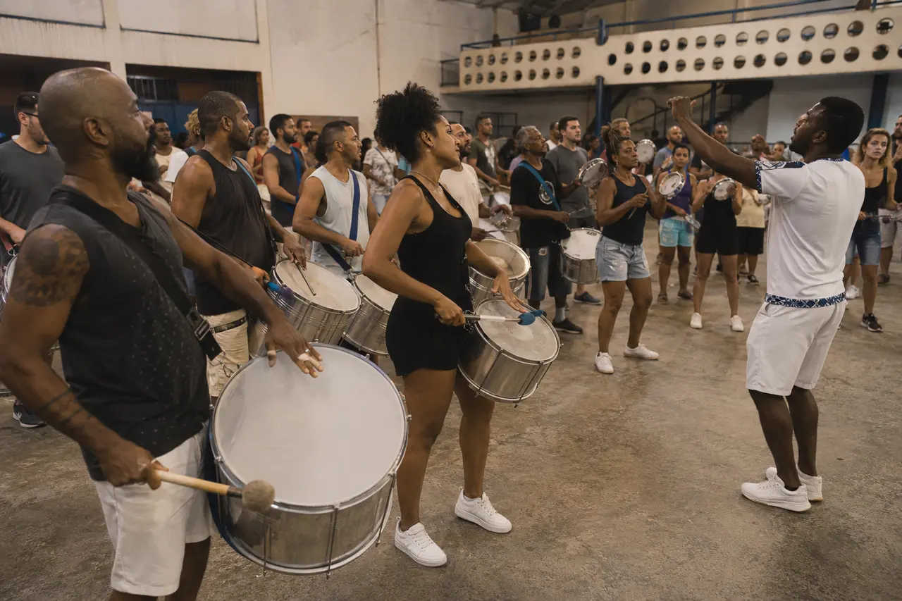 Percussionnistes adultes répétant dans une école de samba à Rio